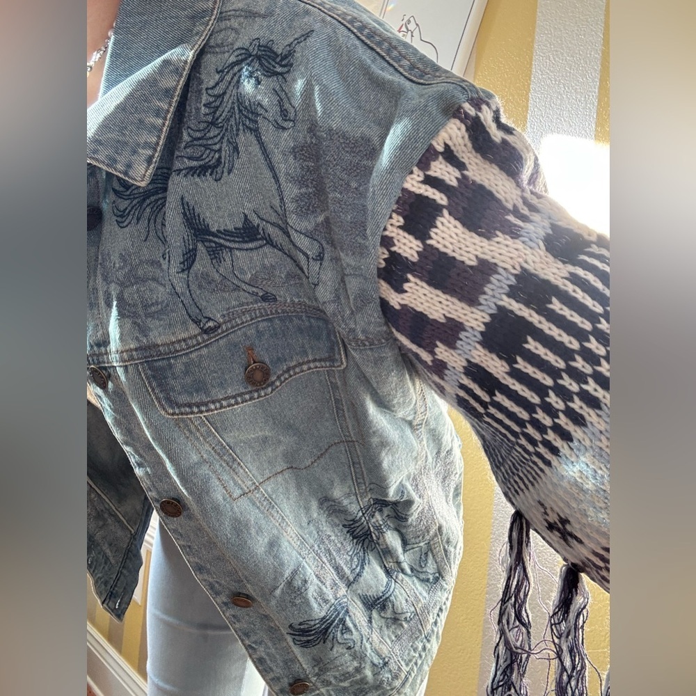 Denim Jacket with Knit Sleeves and Fringe - Picture 5 of 9